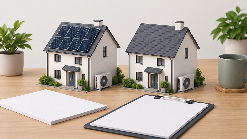Two small model houses of identical design sit side by side on a table beside blank paperwork and a clipboard, one model with dark solar panels on its pitched roof and an air source heat pump fan unit at its base, the other identical but with a bare roof and the same heat pump unit.