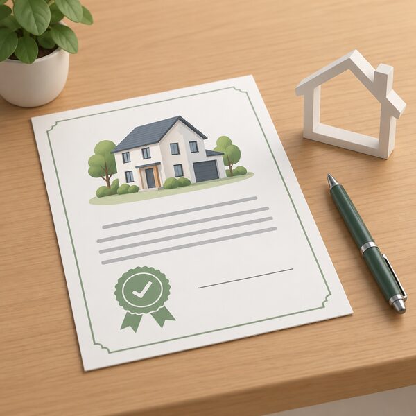 A printed compliance certificate for a newly built home lies flat on a wooden table, its completion date shown as a blank line, beside a house-shaped outline and a pen, with no readable text anywhere on the document.
