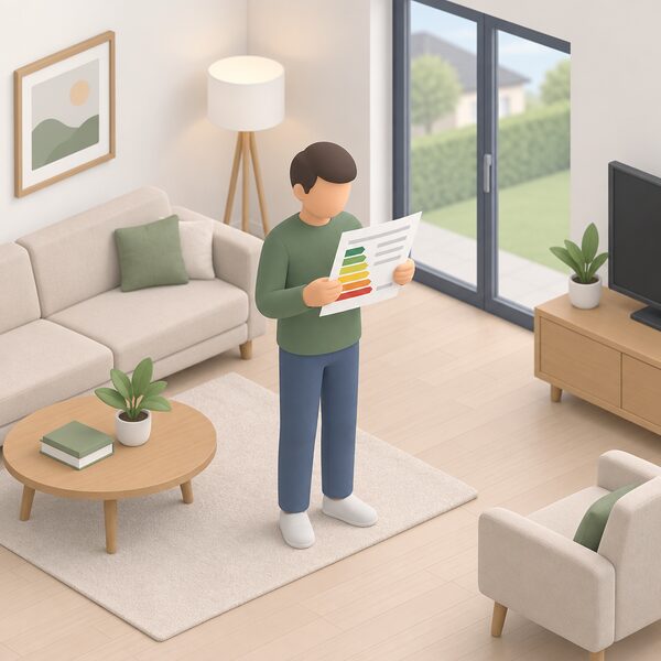 A simplified isometric household figure standing in a modern new home's living room reading a printed energy performance certificate held in both hands, with the document shown as a physical sheet carrying only blank lines and plain colour bands, no readable content.