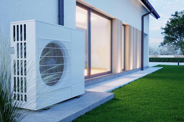 A white air-source heat pump unit installed on a concrete pad outside a modern house with large lit windows and a lawn