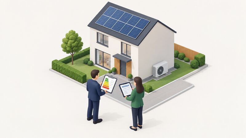 A valuer and a lender stand outside a newly completed low-carbon house, one holding a clipboard with an EPC-style document and the other a tablet showing a blank specification sheet, reviewing the home's energy details together.