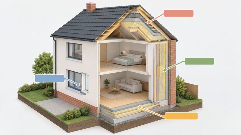 A cutaway diagram of a small detached new-build house showing its roof, wall, floor and window as separate construction layers, each with a blank callout label band pointing to that element so the fabric of the building itself is the focus.