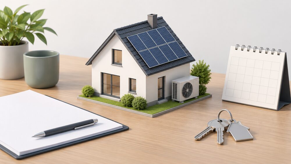 A small model of a modern house with a heat pump unit beside its back wall and solar panels on its pitched roof, standing on a desk beside blank paperwork, a calendar and a set of house keys.