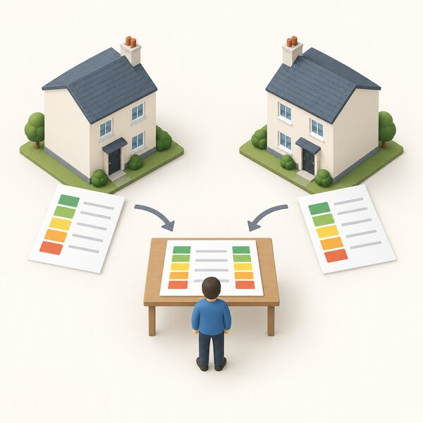 Two simplified isometric house models side by side, one the actual dwelling and one a matching notional dwelling, each with a printed calculation sheet beside it showing plain colour bands, linked by an arrow to a comparison sheet on a table between them.