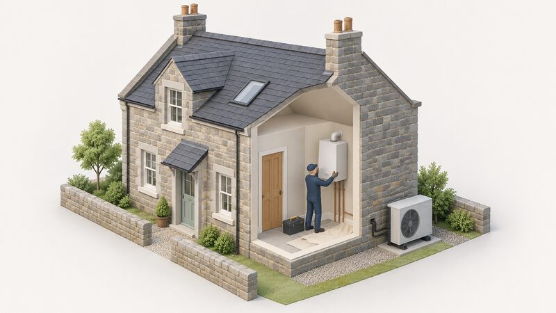 An installer's isometric figure works at a cutaway Scottish stone house, removing an old gas boiler from its position on an inside wall while a new air source heat pump unit stands on the ground outside that same wall, connected through it.