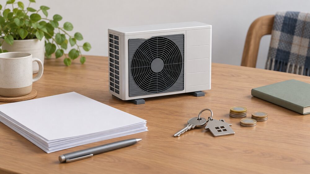 On a wooden table, a small model of an air source heat pump outdoor fan unit stands beside a stack of blank paperwork, a house key and a few coins, suggesting a household weighing a clean heating replacement for an existing Scottish home.