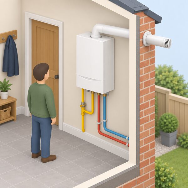 A wall-mounted gas boiler inside a home, connected to gas pipework and heating flow and return pipes, with its horizontal flue pipe passing through the external wall to a terminal outside, shown in a simple cutaway interior view.