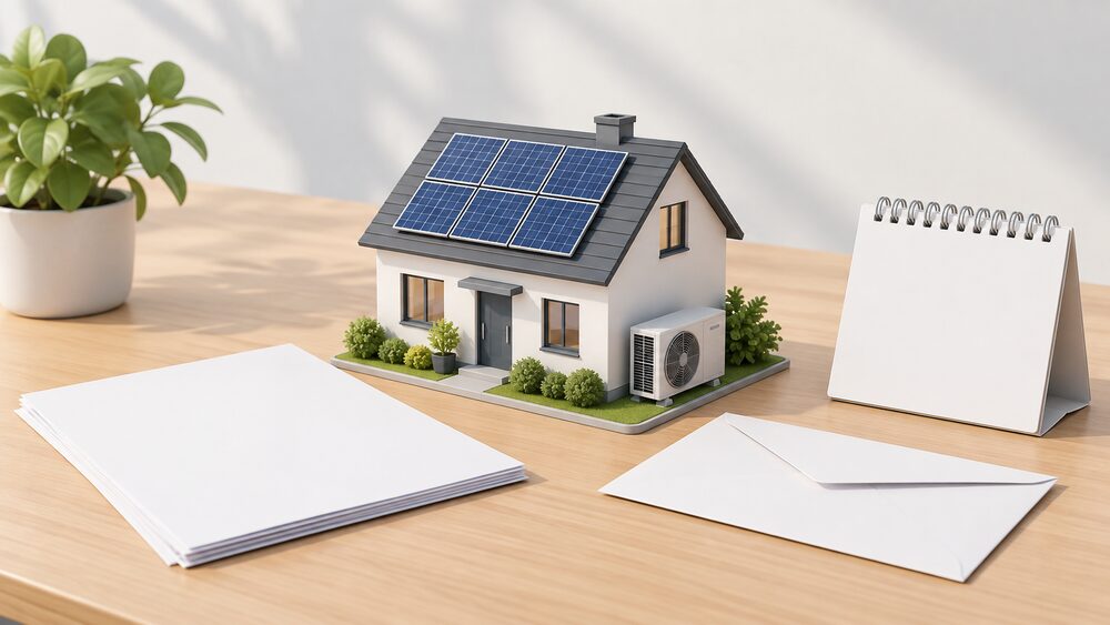A small model of a new build house with solar panels on its roof and a heat pump unit standing beside it, placed on a table next to blank application paperwork, a blank envelope and a calendar, all lit by daylight.