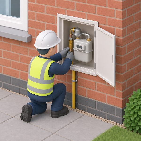A built-in gas meter box recessed into the brick outside wall of a new build home, its door open to show the gas meter fitted inside, with a small simplified figure of a meter fitter standing at the box completing the installation.