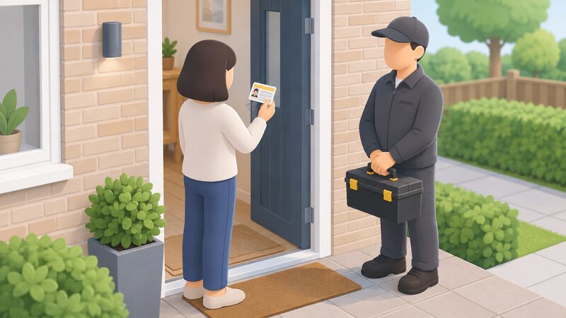 At a house front door, a householder holds the engineer's Gas Safe ID card, turned to show its back, while the engineer waits with a toolbox before any work begins.
