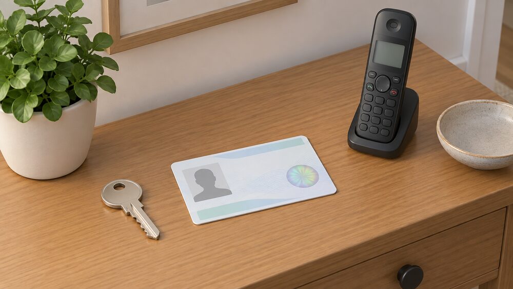 A blank plastic ID card with a hologram lies on a hall table beside a cordless phone handset and a house key, the moment a householder pauses to verify an engineer's credentials before letting work begin.