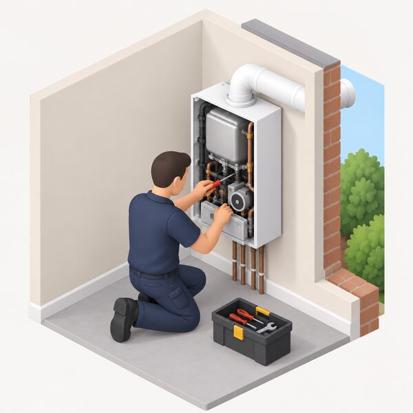 A Gas Safe registered engineer in plain work clothing kneels beside an indoor wall-mounted domestic gas boiler, its front casing removed, servicing the internals with tools while the boiler's flue passes through the outside wall behind it.