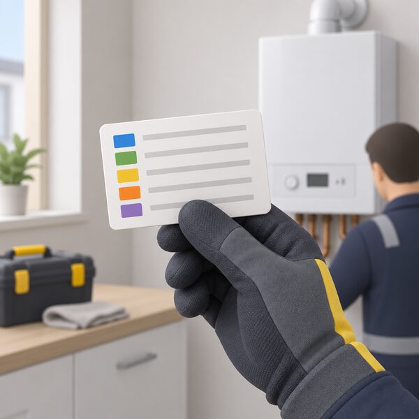 A gas engineer's Gas Safe ID card held face down in a gloved hand, showing the back of the card with its competency markings drawn as plain colour blocks and blank lines, with a domestic boiler faintly suggested in the background.