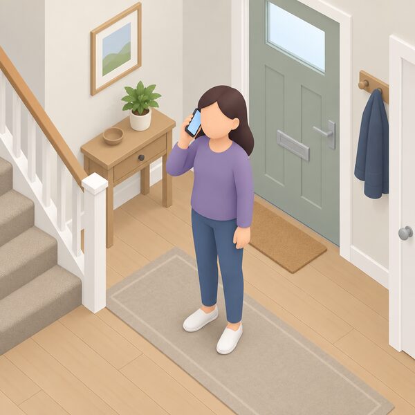 A simplified isometric householder standing in a home hallway holding a mobile phone to their ear, making a call to check an engineer, with the phone screen shown as a plain blank colour band and no readable content.