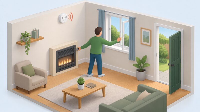 A householder in a gas-heated room reaching to open a window with one hand while turning off a gas appliance, such as a gas fire or boiler, with the other, a carbon monoxide alarm sounding on the wall nearby and a door open towards the outside.