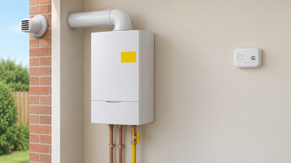 A close-up of a wall-mounted gas boiler with a blank yellow warning sticker fixed to its casing, a carbon monoxide alarm mounted on the wall a short horizontal distance away, and a gas pipe and flue running from the boiler through the external wall.