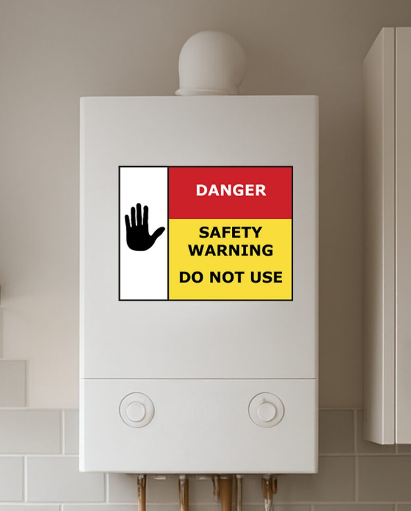 A wall-mounted white combi gas boiler with a red and yellow 'Danger Safety Warning Do Not Use' sticker on its front
