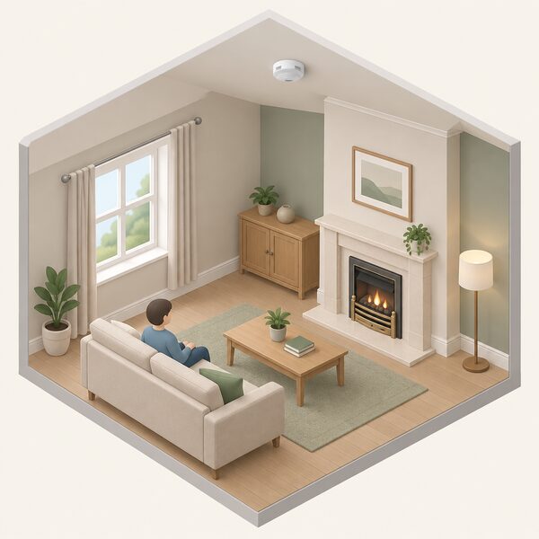 A small isometric living room where a round carbon monoxide alarm is mounted on the ceiling near a fixed combustion appliance, a gas fire set into the chimney breast, shown as the landlord must provide it.