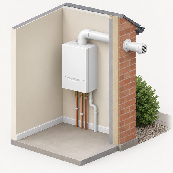 A wall-mounted condensing boiler inside a room, with its horizontal flue pipe passing through the external wall to a terminal outside, shown as a simple cutaway of the room corner and outside wall face.