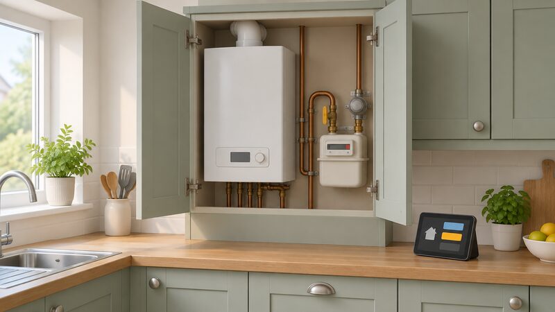 An open kitchen cupboard containing a domestic gas boiler and a gas meter, with a small smart meter display on the worktop beside it showing a reading as plain blocks, no person present.