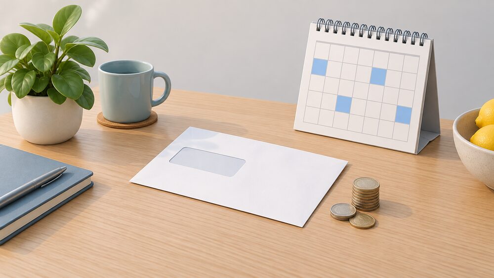 A small kitchen-table arrangement of a blank gas bill envelope, a short stack of coins beside it, and a wall calendar in the background, representing the quarterly levy that now appears on household gas bills.