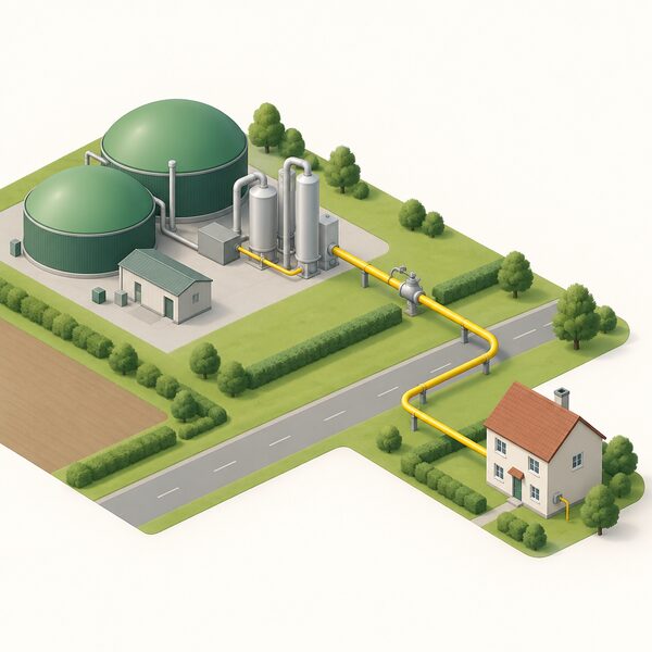 A simplified isometric scene showing an anaerobic digestion biomethane plant with domed digester tanks and a cleaning unit, connected by a single pipe to the gas grid, which runs onward to a small house, showing the same pipe supplying the home.