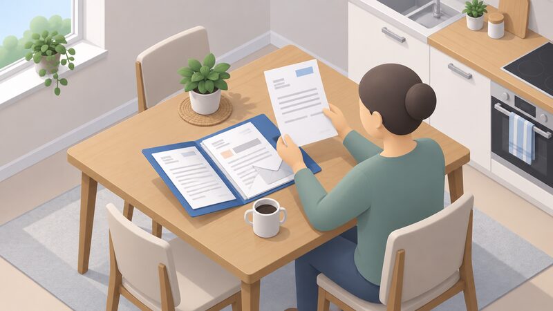 A folder on a kitchen table lies open with sheets of complaint correspondence and bills, and on top a dated letter from the heat supplier held by a simplified householder figure.