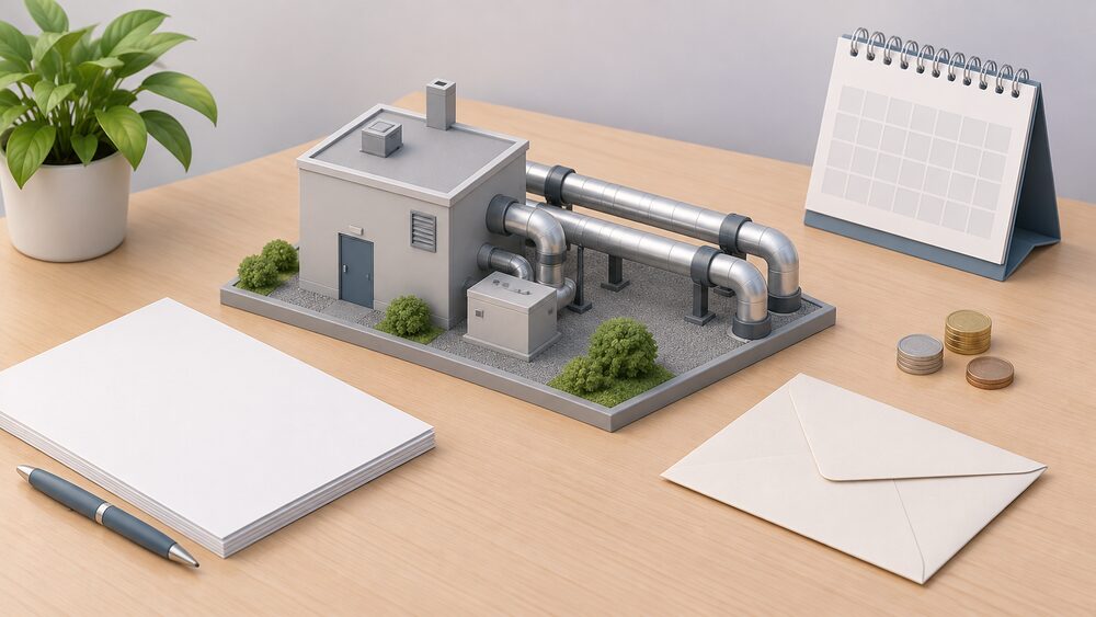 A small model of a communal heat network energy centre with insulated pipes stands on a desk beside blank complaint paperwork, a sealed envelope, a wall calendar and a few coins, suggesting a household preparing to escalate an unresolved heat supply dispute.