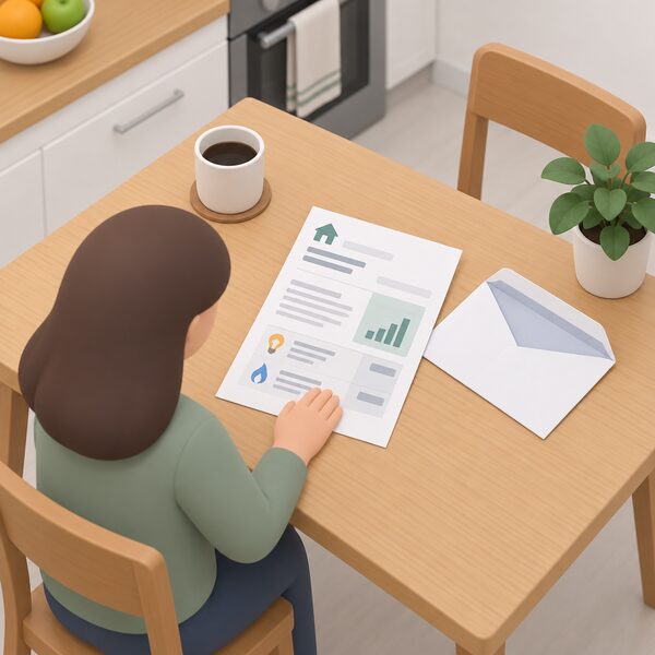 A paper household energy bill lying on a kitchen table beside an opened envelope, with the supplier name and account holder name shown only as blank lines, and a simplified figure's hand resting on the bill as they check the details.