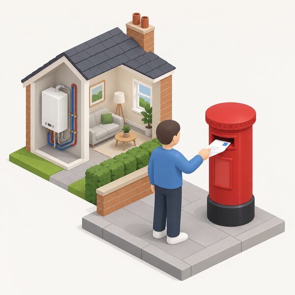 A simplified isometric figure stands at a UK postbox dropping in an envelope addressed to the Energy Ombudsman about a heat network dispute, with a heat network HIU unit visible in a nearby home cutaway.