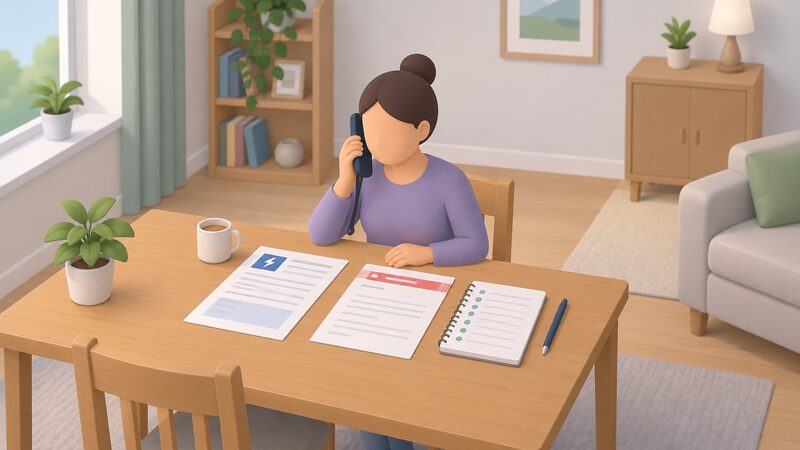 A householder seated at a home table telephoning the Energy Ombudsman, with an energy account document showing the supplier name, a Deadlock Letter and notes of complaint dates laid out to hand.
