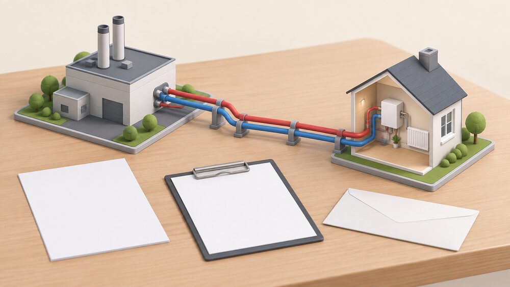 A small model of a heat network — a central plant building with insulated distribution pipes leading to a tiny dwelling containing a heat interface unit — stands on a table beside blank paperwork, a clipboard and a sealed envelope, suggesting a household's regulated heat supply and its complaint paperwork.