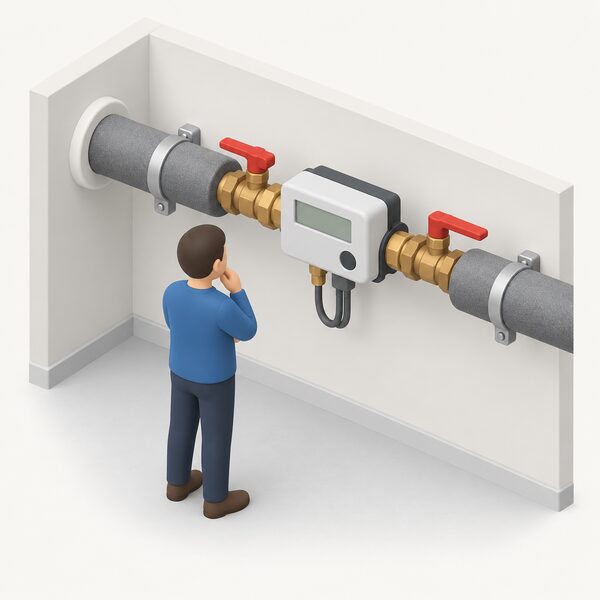 A heat meter fitted on the household's heat network connection pipework, with a small isometric figure inspecting it, showing the equipment that measures heat consumption for billing inside the home.