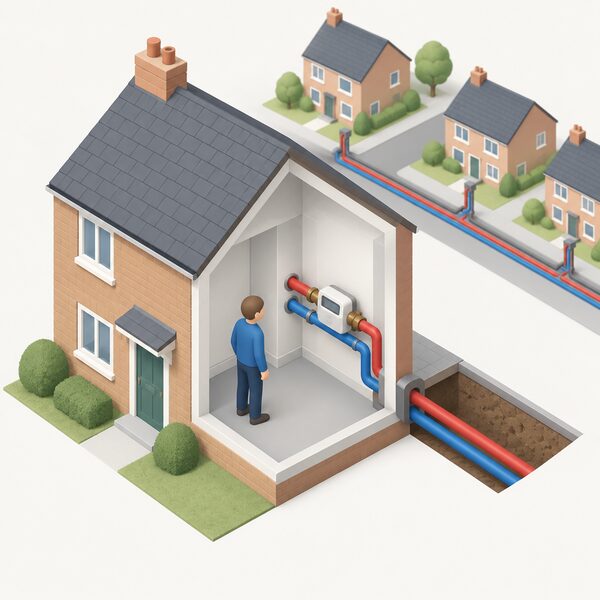 A cutaway view of a domestic home's heat network entry point, where the district heating supply pipe enters the building and a heat meter is fitted on the pipe, with a simplified isometric figure of a householder looking at the meter, and simplified outlines of neighbouring houses in the background showing the shared network supply.