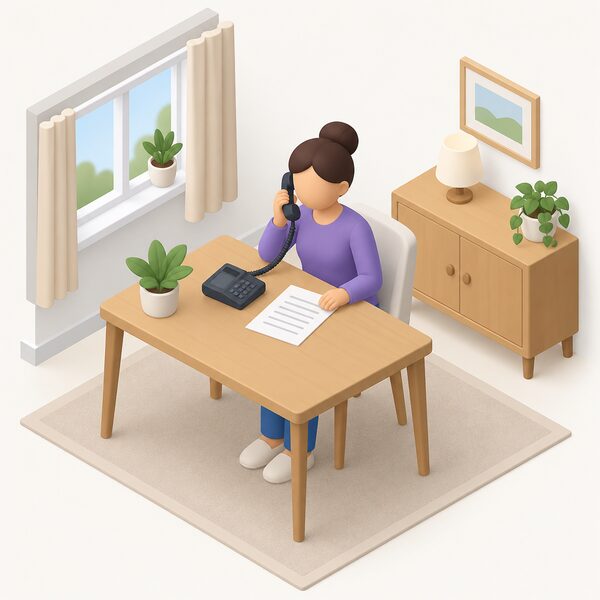 A simplified isometric consumer sits at a table in their home, speaking on a telephone while a printed complaint form with blank lines lies before them, representing the free independent escalation of a heat network dispute to the Energy Ombudsman.