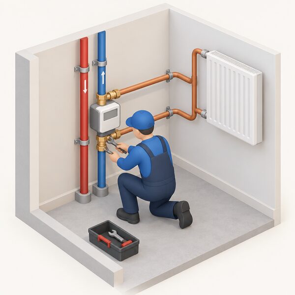 An installer fitting a heat meter on the pipework of a new household district heating connection inside a home, with the incoming network flow and return pipes passing through the meter before reaching the household's heating system.