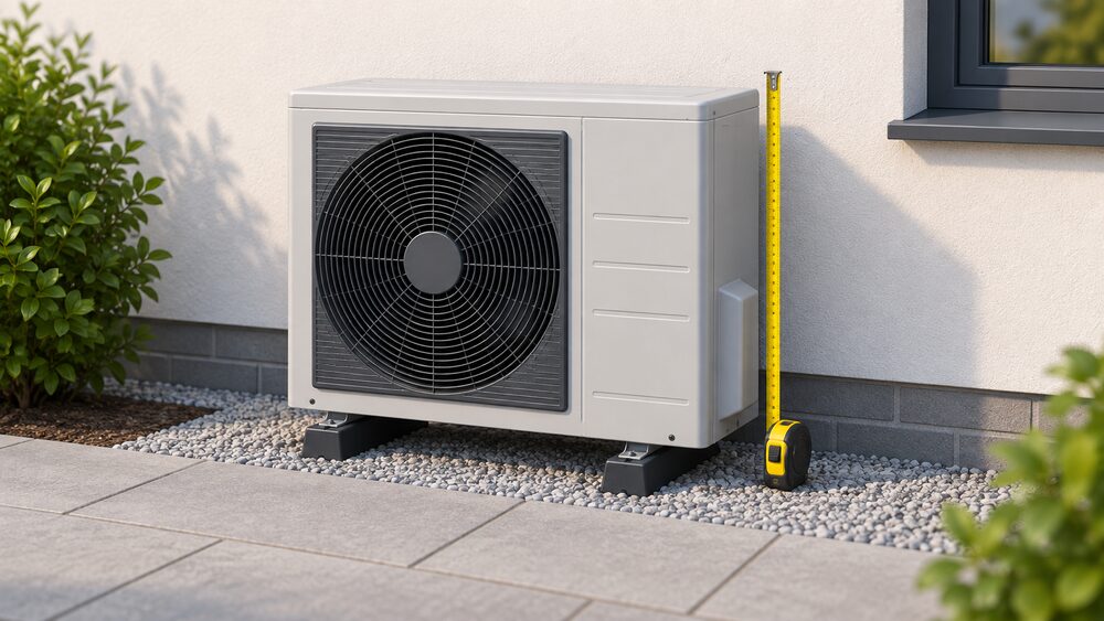 A single outdoor air source heat pump fan unit standing on the ground against the external wall of a house, shown close up with a tape measure extended alongside it to suggest its size being checked.