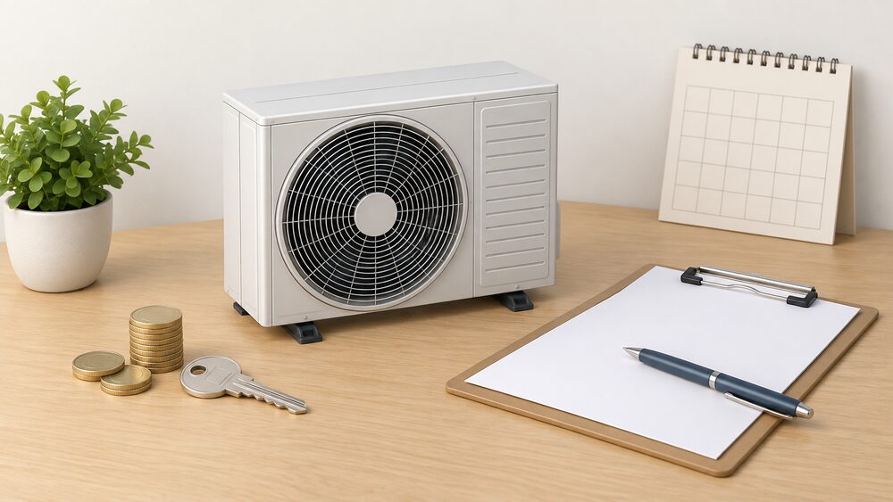 A small model of an air source heat pump outdoor fan unit stands on a wooden table beside a blank application form on a clipboard, a pen, a house key and a small stack of coins, with a plain calendar card leaning against the wall behind.