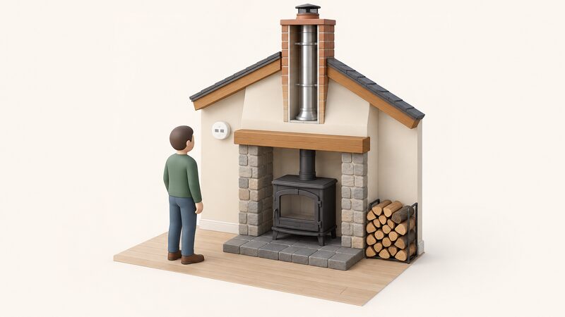 A carbon monoxide alarm mounted on the wall beside a wood burning stove in a hearth, with a clean-swept chimney flue above and a neat stack of seasoned logs alongside, a simplified figure glancing at the alarm.