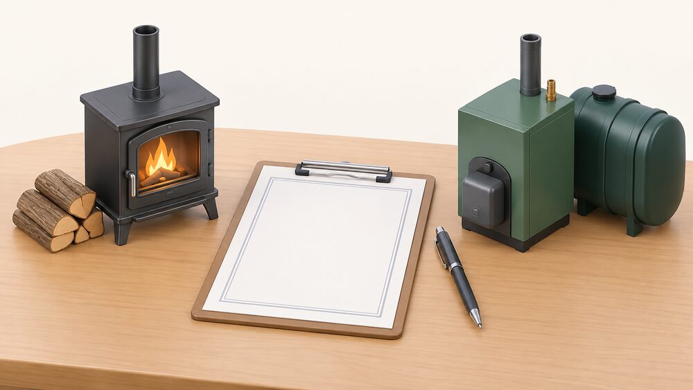 A tabletop scene with a blank certificate document and a clipboard at the centre, flanked by a small model of a wood-burning stove on one side and a small model of an oil boiler on the other, suggesting the choice between two registration schemes for signing off heating work.