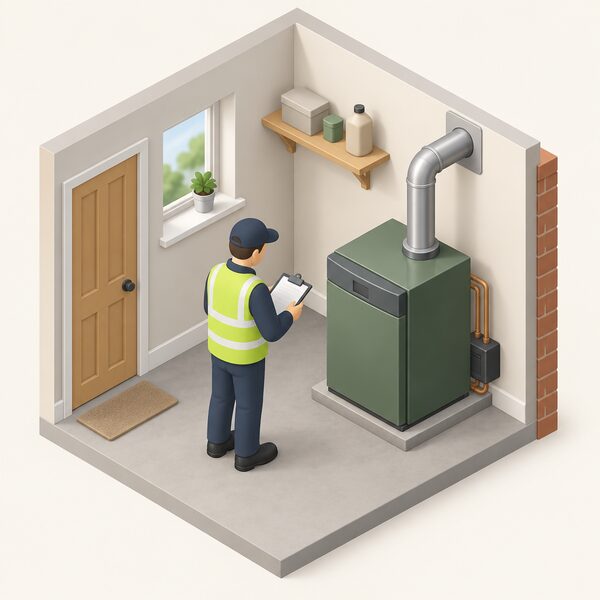 An OFTEC regional inspector, shown as a small isometric figure with a clipboard, examines an oil fired boiler installed at a customer's property, checking the appliance and its flue connection during a periodic inspection of the registered business's work.