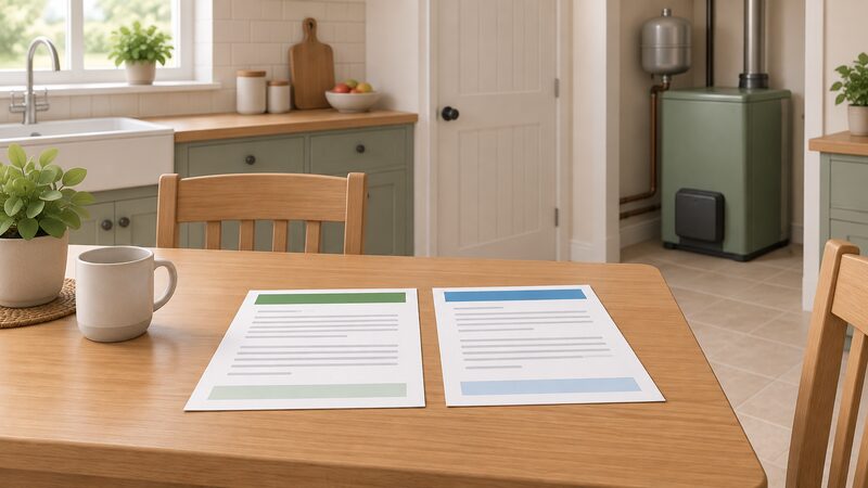 A kitchen table with two completed documents laid flat side by side — an OFTEC notification certificate and a building regulations compliance document — each showing blank lines and plain colour bands, with a domestic oil boiler visible in the background of the kitchen.