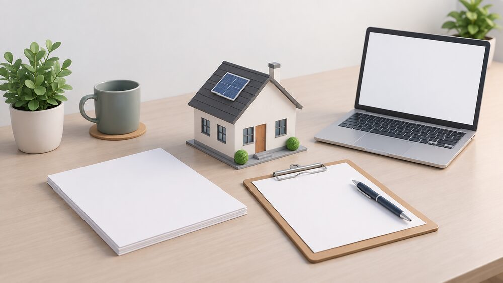 A small model house with a tiny rooftop solar panel sits on a desk beside blank assessment paperwork, a clipboard with a pen, and an open laptop with a blank screen, arranged as a home energy rating assessment about to be worked out.