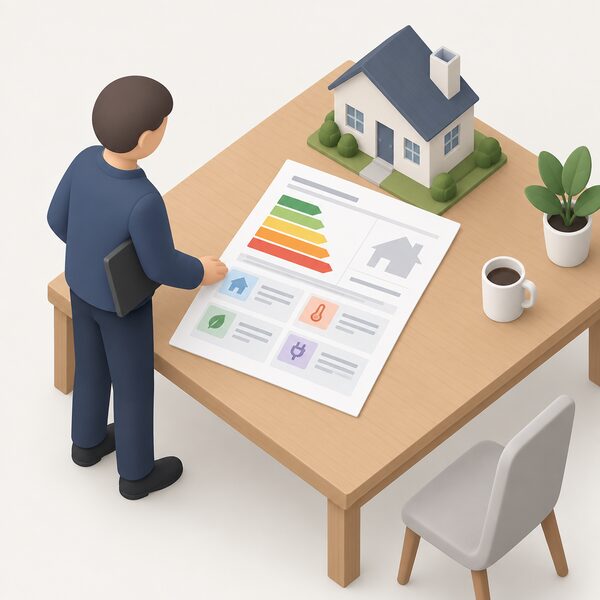 A paper Energy Performance Certificate lying on a table in a home, shown as a physical document with a plain colour rating band and several separate simple metric blocks, with a small isometric figure of an assessor placing or reviewing it beside a house model.