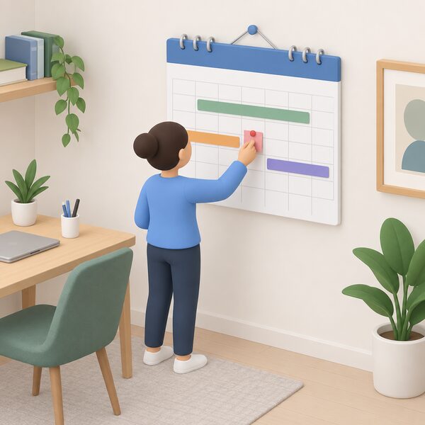A wall calendar hanging in a home office, with plain colour bands marking the consultation opening and closing dates and the later launch milestones, a simplified figure pinning a note to one date.