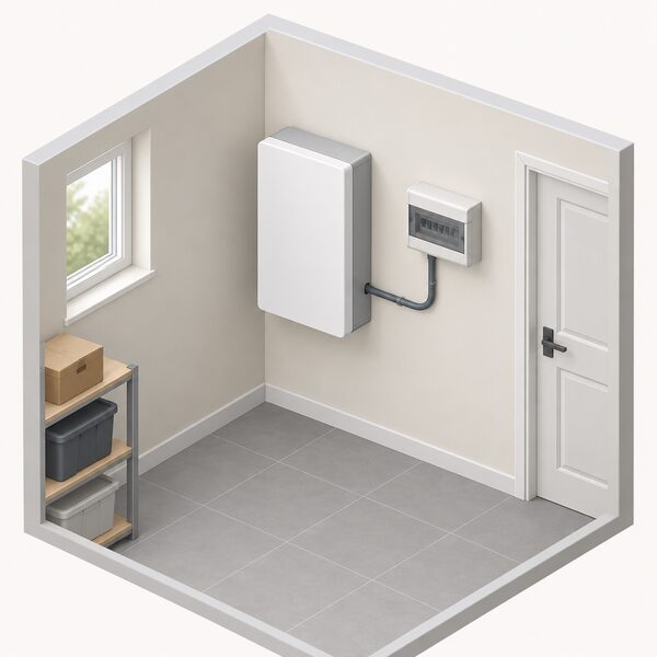 A wall-mounted domestic battery storage unit installed indoors on a plain utility room wall, drawn as a simple rectangular cabinet with a cable running to a small consumer unit beside it, shown in a clean isometric view with no people.