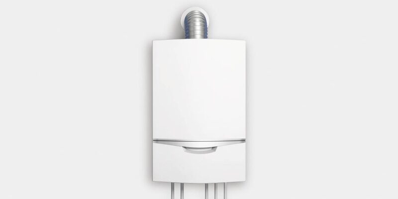 A white wall-mounted combi boiler with a flue pipe on top and copper pipes below, against a plain grey background