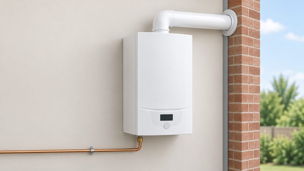 A modern wall-mounted condensing gas combi boiler shown close up and unmodified, with its gas supply pipe entering it unchanged and its flue passing through the external wall, conveying that the appliance runs as usual on the blended gas supply.