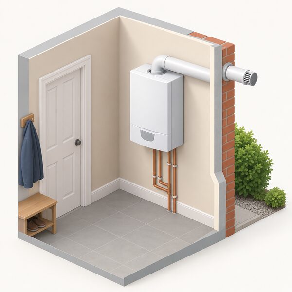 A wall-mounted hydrogen-ready boiler inside a home, looking like an ordinary natural gas boiler, with its horizontal flue pipe passing through the outside wall to a terminal outdoors, drawn as a simple cutaway of the room corner.