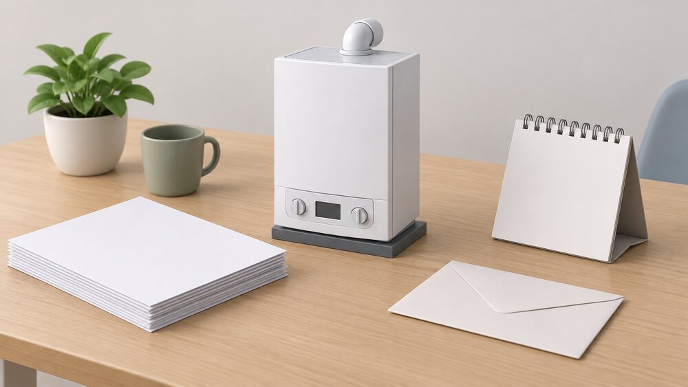 A small model of a domestic gas boiler sits on a plain table beside a stack of blank official-looking paperwork, a sealed envelope and a desk calendar, suggesting a household waiting on a government decision that has not yet been made.